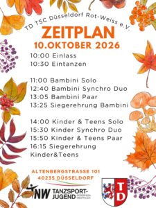 Der Zeitplan für die Kids und Teens Trophy am kommenden Samstag, 10.10.2026 steht nun fest. Wir freuen uns auf einen tollen Turniertag bei uns im TD! Wichtige Infos: Holt eure Startnummern rechtzeitig vor Turnier Beginn ab. (Bringt bitte Sicherheitsnadeln selbst mit) Checkt lieber doppelt eure Tänze und die Auslosungen ab, damit wir einen reibungslosen Durchlauf haben. Eintritt beträgt 3€ für Erwachsene ab dem 18. Lebensjahr. #tdduesseldorf #teamtd #tnwjugend #tnw